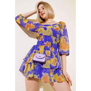 Violet Vintage Style taille plissé robe à volants col carré bouffée élégant marbrure un convient le plus pour les vacances de jour automne - Product Image 5