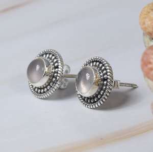 Elegant 925 Sterling <b>Silver</b> <b>Stud</b> Earrings Natural Pink Rose Quartz Gemstone Bezel Setting Classic Design for Weddings Parties - Product Image 1
