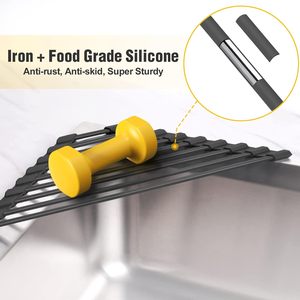 Estante de secado de platos enrollable triangular pequeño con marco de acero inoxidable con revestimiento de silicona para esquinas de fregadero - Product Image 3
