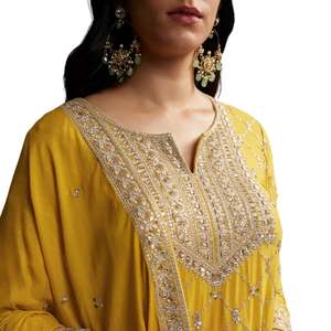 Traje amarillo Chinon Palazzo con bordado de lentejuelas Venta al por mayor Mujeres Étnicas OEM Fábrica de ropa Proveedor a granel Moda personalizada - Product Image 2