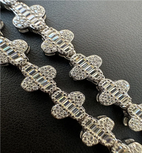 Collier chaîne tennis hip-hop en moissanite baguette, motif trèfle, entièrement serti de pierres, de luxe, à maillons floraux, pour homme, chaîne statement brillante - Product Image 6