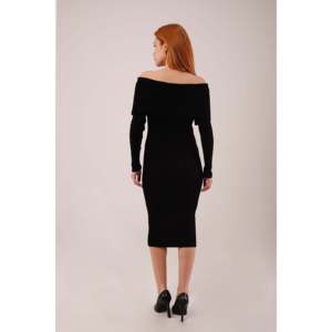 Vestido Midi con Hombros Descubiertos al por Mayor, Cómodo, de Punto Negro con Cintura Natural - Product Image 1