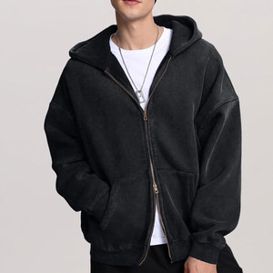 Algodón 450Gsm Cropped Acid Wash Hoodie Hombres Streetwear Heavyweight Hoodie Fabricantes Oversized Puff Printing Zip up Hoodie - Product Image 3