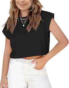 Camisetas de Manga Corta para Niñas, Top Corto con Mangas Enrolladas, Cuello Redondo, Sólido, Holgado, Básico, para Verano - Product Image 1