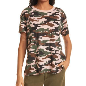 Tela de punto XXS de algodón de alta calidad para mujer, cuello redondo, estampado de camuflaje, estilo informal, camiseta de verano de manga corta a la moda, patrón sólido - Product Image 1