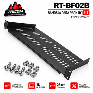 Estante Metálico TRICOM de 19 Pulgadas, 1U, 28 cm de Profundidad, Negro, con Kit de Tornillos - Product Image 1