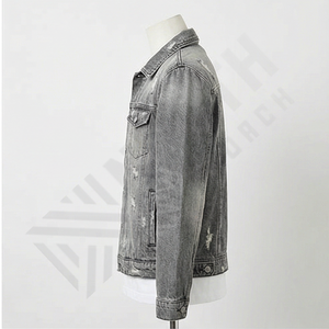 Veste en jean délavée pour homme, déchirée, surdimensionnée, col montant, réversible, vintage, streetwear, prix compétitif - Product Image 3