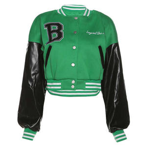 Custom Printed Red Leather <b>Sleeve</b> Women's Varsity Baseball Denim <b>Jackets</b> <b>Short</b> Fashion <b>Jackets</b> for Women - Product Image 6