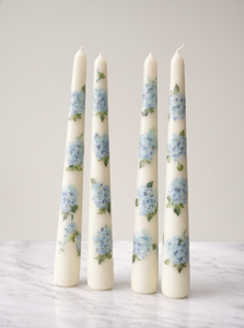 Delicate White <b>Tapered</b> Wax <b>Candles</b> Hand-Painted Blue Hydrangea Motifs Green Leaf Accents Lavender Scent for Weddings Christmas - Product Image 2