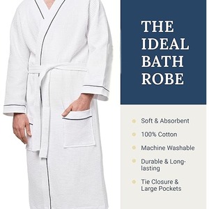 ชุดคลุมอาบน้ำลายวาฟเฟิลถักสำหรับทุกเพศของโรงแรมระดับ5ดาวชุดคลุมอาบน้ำผ้าฝ้ายสีขาว100% ชุดคลุมอาบน้ำผู้ชายแบบเรียบมีกระเป๋ายาว - Product Image 2