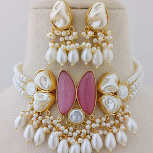 Ensemble de collier ras de cou en perles Aqua Nazaakat Chaîne en bambou plaqué or de haute qualité Mini perle avec pompon en laiton lourd - Product Image 1