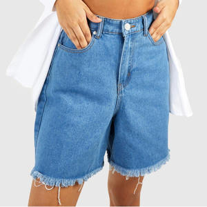 Wholesale <b>Women's</b> Distressed Frayed Hem Denim Shorts Summer Stretch Mid Waist Casual <b>Jeans</b> Shorts with Raw Hem for <b>Women</b> Summer - Product Image 1