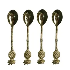 Juego de 4 cubiertos de acero inoxidable pulido dorado con asas de piña Ideal para bodas Comedor Juego de cucharas de comida de la India - Product Image 1