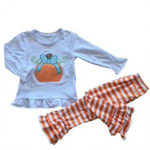 Wholesale Kids Girls <b>Halloween</b> Pumpkin Applique Long Sleeve <b>Top</b> Striped Ruffle Pants 2pc Outfit Set - Product Image 2