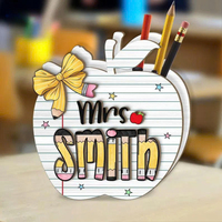 Organisateur de stylos en bois personnalisé en forme de pomme, 8x8 pouces, moderne, élégant, coloré, accessoire de bureau, cadeau idéal pour la fête des enseignants ou la remise des diplômes
