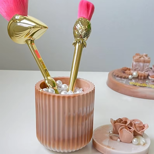 Handmade Wood & Resin Round Durable Pen Holder <b>Desk</b> Organizer with Embedded Decorative Elements for Office Home <b>School</b> Use - Product Image 1