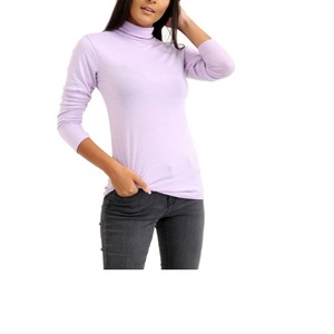 Alta calidad Color sólido manga larga de punto cuello alto Casual moda logotipo personalizado mujeres cómodas Top camisas - Product Image 1