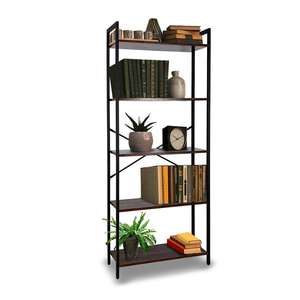 Industrial Style Minimalist 5-Shelf <b>Bookcase</b> Organizer in MDF <b>Wood</b> and Stainless Steel for Home Office Living Room Bedroom - Product Image 1