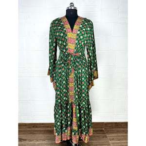Recycled Vintage Silk Sari <b>Kimono</b> Dressing Gown Boho House Leaf Print <b>Beach</b> Cover-Up Anniversary Gift for Bridesmaids Spa Day - Product Image 1