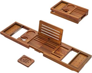 Plateau de baignoire réglable en bois d'acacia, minimaliste, écologique, imperméable, facile à installer, ensemble de rangement pour salle de bain, organisateur de livres - Product Image 1