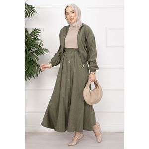 Conjunto de Chaqueta Bomber Caqui y Falda con Botones, Estilo Casual, Dos Piezas de Lona para Invierno, Tallas XS a XL, Top Largo con Estampado Sólido - Product Image 3