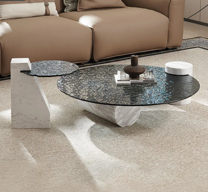 Mesa de centro de cristal texturizada gris redonda templada ondulación de agua moderna con patas cilíndricas de mármol - Product Image 2