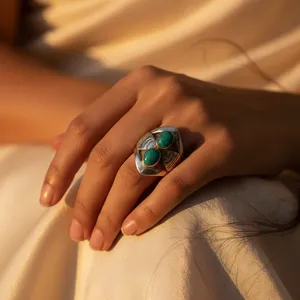 Art Palace Geometric <b>Turquoise</b> Gemstone Cluster <b>Ring</b> in 925 Silver Bohemian Style Everyday Wear Unisex Bezel Setting - Product Image 2