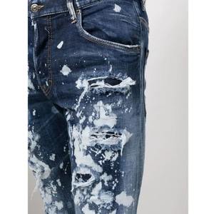Los últimos pantalones vaqueros ajustados de cintura media para hombre de estilo callejero, pintura salpicada, bigotes rasgados desgastados, decoración de logotipo, diseño recto - Product Image 3