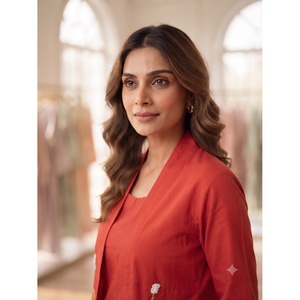 Ensemble Kurta pour femmes, décontracté, motif uni, rouge, brodé, 100% coton, manches trois quarts, col carré, respirant - Product Image 3