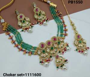 Indian Fancy Traditional and Fashionable Gold Tone Kundan Pearl Choker Necklace Earrings Set With Mangtikka for Women and Girls - Product Image 2