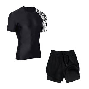 Vêtements de sport de compression à manches courtes, couleur unie, avec t-shirt ajusté et short double couche, impression par sublimation, ensemble - Product Image 1