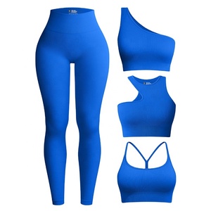 4 Piece Women Fitness Set Ribbed Yoga Wear Sports Bra One Shoulder Top High Waist <b>Leggings</b> Workout Outfits - Product Image 1