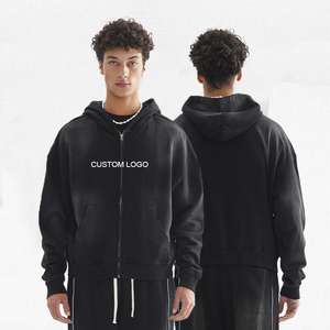 เสื้อฮู้ดดี้ผู้ชาย ผ้าฝ้ายดิสเทรส ทรงบ็อกซี่ หนานุ่ม โอเวอร์ไซส์ สตรีทแวร์ วินเทจ ปักลายตามสั่ง พิมพ์ลาย DTG แบบครอป แอซิดวอช ซิป - Product Image 2