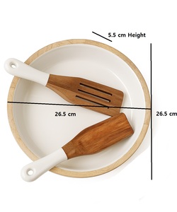 Ensaladera redonda de madera para cocina casera con 2 espátulas Mango de madera con esmalte para mezclar frutas y verduras ensaladera - Product Image 2