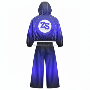 plus size Premium Nylon Polyester Windbreaker Set Gradient Blue With <b>White</b> Panel Lines Custom Logo Transfer Windbreaker Set - Product Image 5