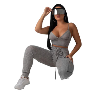 Pantalones Jogger Cargo Grises de Cintura Alta para Mujer con Cierre de Cordón y Bolsillos, Pantalones Casuales de Longitud Completa en Mezcla de Algodón y Spandex - Product Image 3