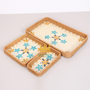 Vietnam estilo bohemio concha marina ratán comida caramelo pastel fruta servir bandeja cesta forma rectangular para Decoración de mesa - Product Image 1