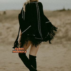 Veste Capes en cuir noir pour femmes Nouveau Style occidental Capes de Cowgirl à franges en cuir suédé véritable pour dames - Product Image 4