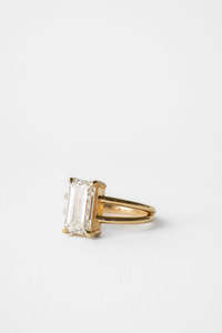 Anillo de compromiso de doble banda de oro macizo de 18 quilates, moissanita de corte esmeralda alargada delicada, joyería nupcial clásica para boda para fiestas - Product Image 2