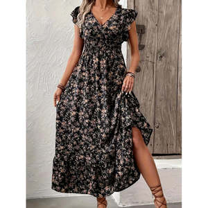 Robe à manches courtes pour femmes, col enroulé, taille élastiquée, motif floral, 35770 - Noir - Product Image 3