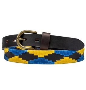 Cinturón Polo de cuero azul y amarillo con patrón clásico y hebilla de latón perfecto para montar o trajes casuales con estilo - Product Image 2