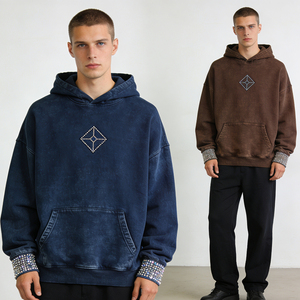 Sweat-shirt à épaules tombantes personnalisé, délavé au soleil, avec strass, broderie 3D, lavage à l'acide, vintage, décontracté, 100% coton, molleton, sweat-shirt pour hommes - Product Image 3