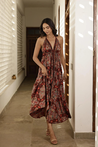 Robe longue décontractée et élégante pour femmes, imprimé bohème, col halter, 100% coton, durable, lavable, tendance, quotidienne, pour les fêtes - Product Image 4