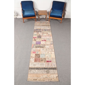 พรมตุรกีลายปะติดแบบวินเทจ ขนาด 2.6x9.5 ฟุต (78x290 ซม.) สีเบจลายดอกไม้ - Product Image 1