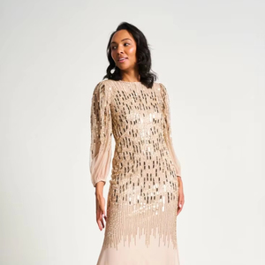 ชุดเดรสออกงานกลางคืนคอกลมเซ็กซี่สำหรับผู้หญิงชุดเดรสงานพรอมแขนยาวประดับด้วยลูกปัดชุดเดรสงานปักลายธรรมชาติ - Product Image 1