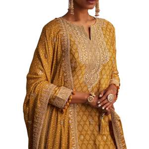 Ensemble palazzo bandhani chinon jaune moutarde vente en gros de vêtements ethniques pour femmes fournisseur OEM d'usine en vrac vêtements de fête personnalisés - Product Image 2