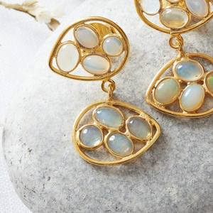 Nouvelles boucles d'oreilles pendantes doubles en opale naturelle plaquées or 18 carats en argent sterling 925 de style vintage pour mariage, bijoux fins - Product Image 2