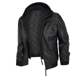 High Street hommes Bomber pilote veste 100% cuir de mouton véritable coupe ajustée fermeture éclair respirant couette doublure amovible avec capuche - Product Image 3