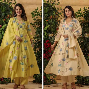 Ensemble Kurti imprimé tendance en soie Chanderi lourde indienne et pakistanaise, couleur pastel fantaisie, pour soirée, tenue décontractée - Product Image 1