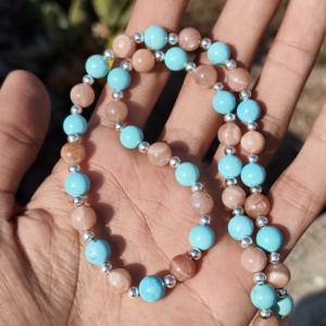 Collier statement en pierres précieuses de 8 mm en pierre de lune naturelle turquoise argent sterling, pierre de naissance de juin, cadeau de mariage pour femme, bleu - Product Image 4